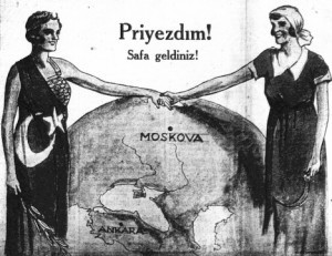 Illustration of two women, representing Turkey and Russia, shaking hands over a map