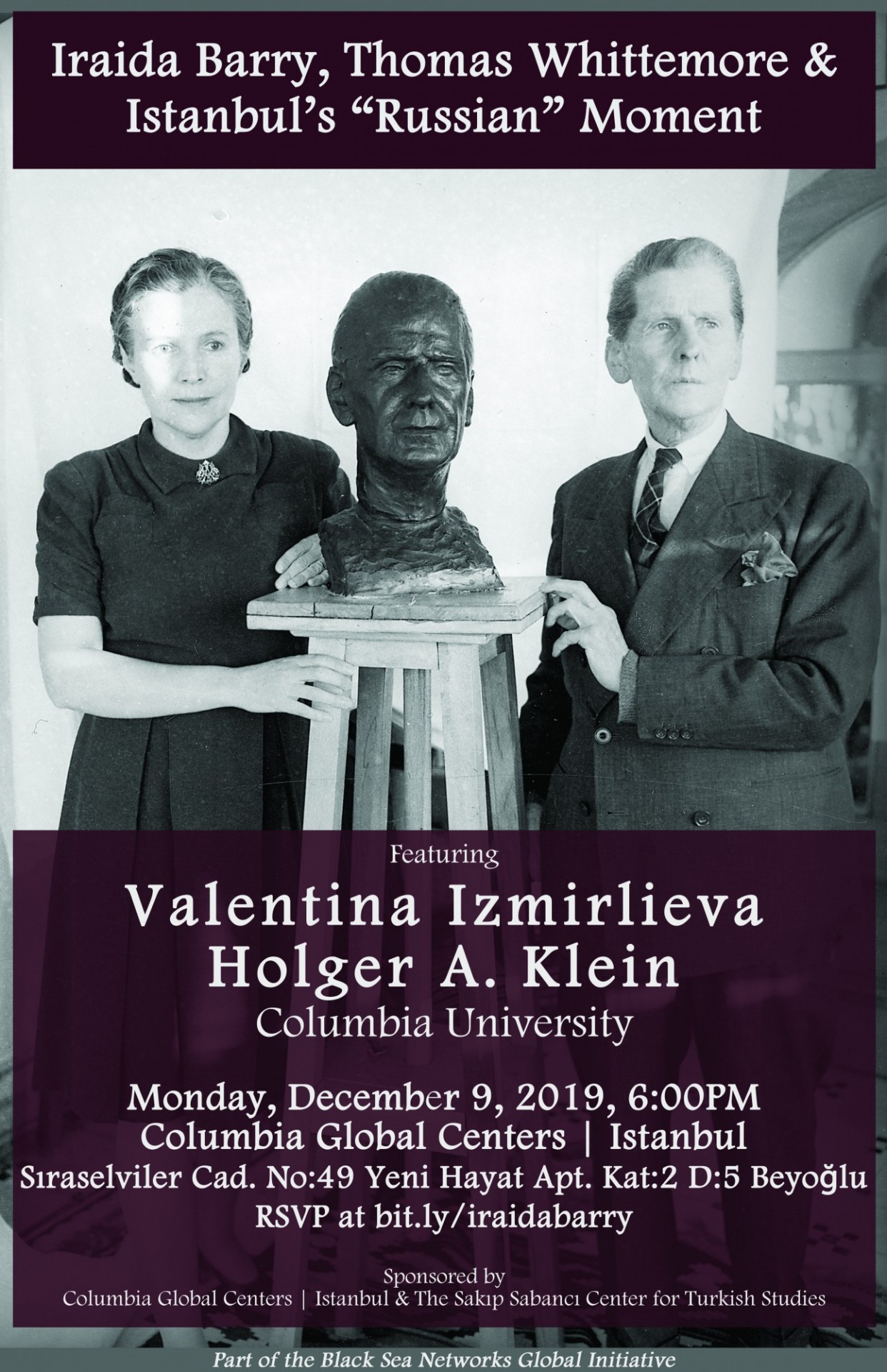 Flyer advertising event, with image of Iraida Barry and Thomas Whittemore posing beside a bust