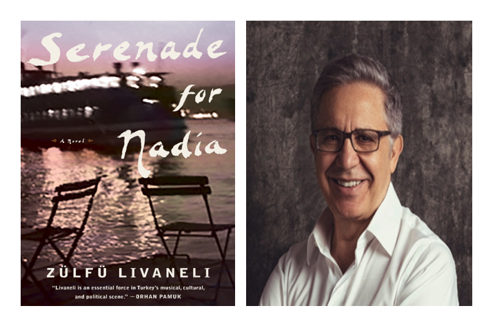 Book cover of "Serenade for Nadia" alongside headshot of author Zülfü Livaneli