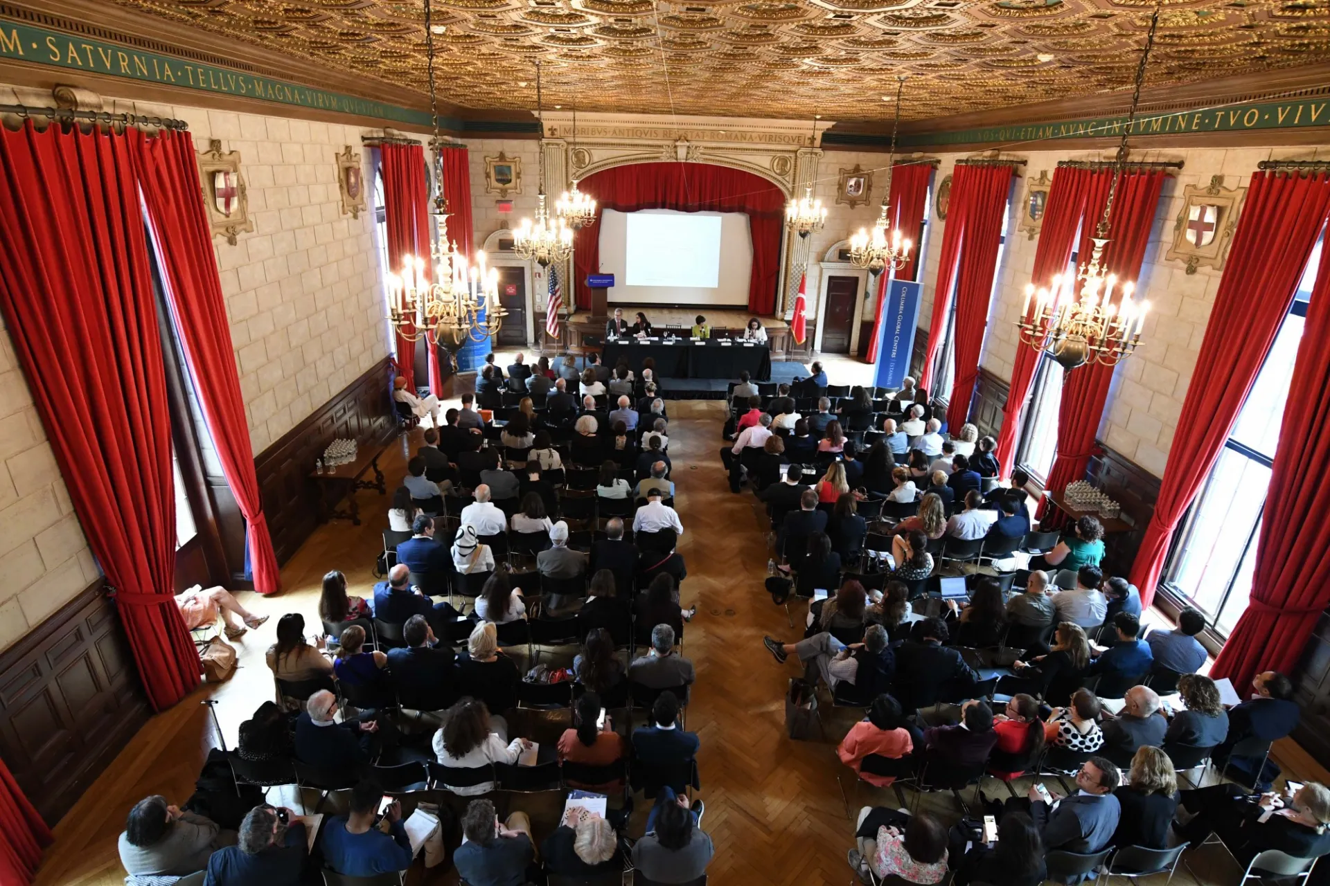 Aerial shot of the audience in the  Italian Academy Teatro, showing the inaugural event of the Sakıp Sabancı Center for Turkish Studies.