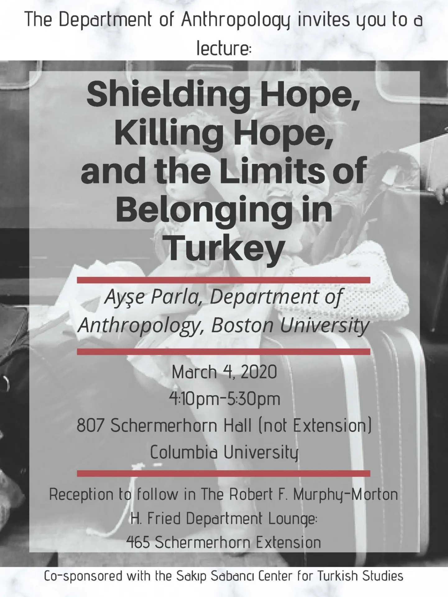 Poster advertising talk featuring Ayşe Parla