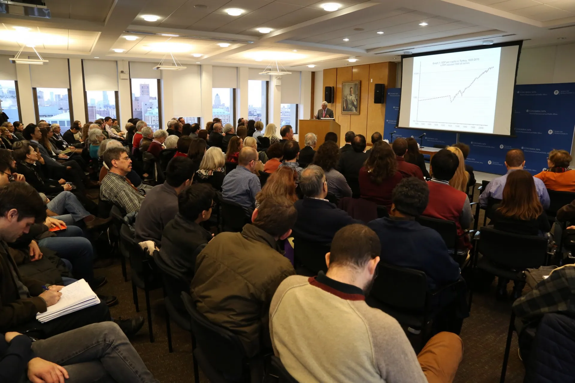 Sevket Pamuk delivering the Inaugural Sakip Sabanci Lecture to an audience at Columbia University